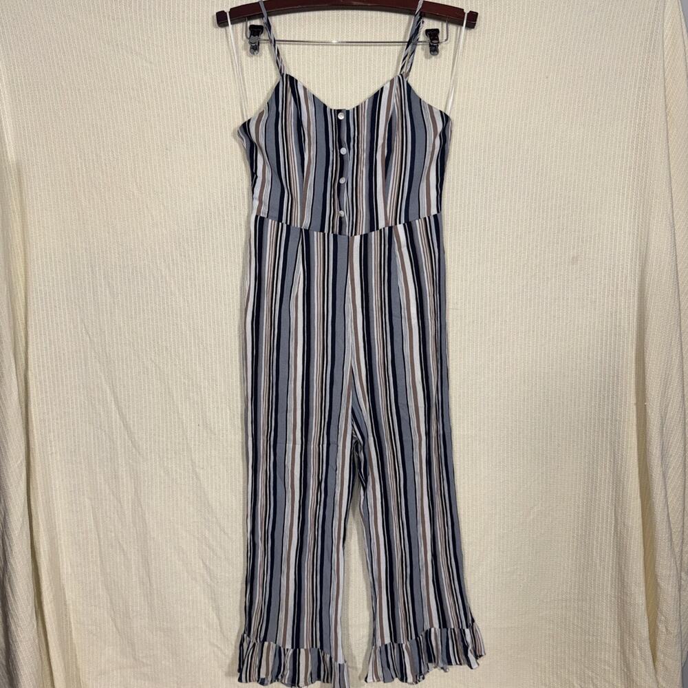 Everly Jumpsuit Womens Med Blue Ruffle Hem Costal Beachy Resort Wear Cottagecore